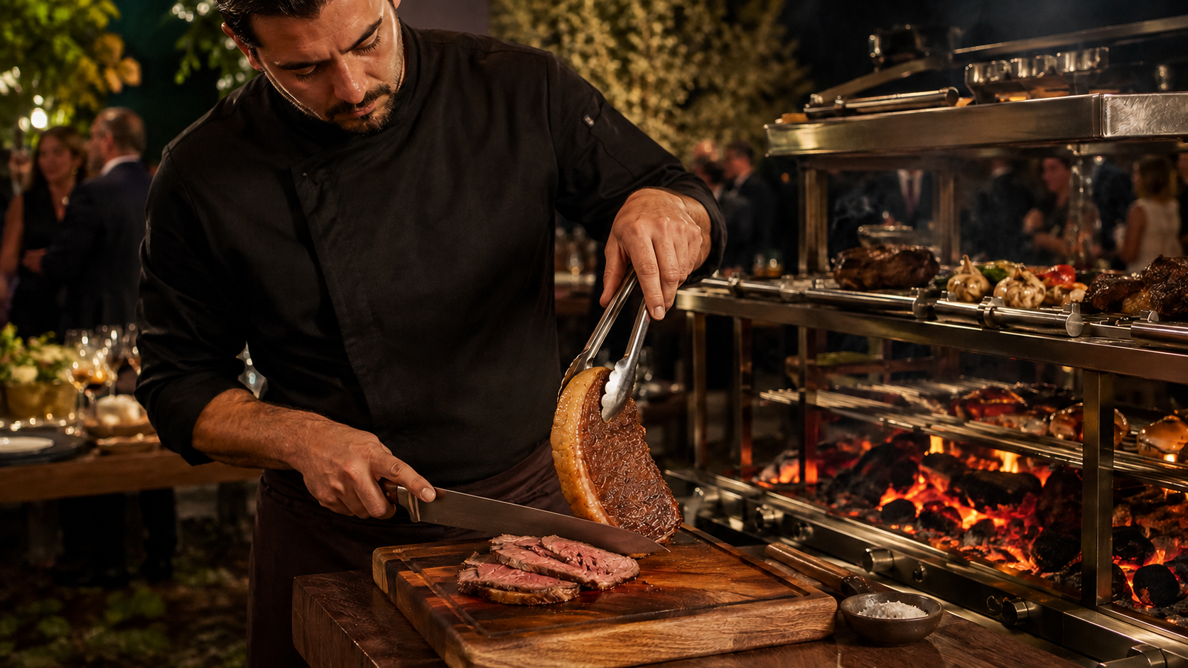 Churrasco premium sendo preparado em um evento elegante